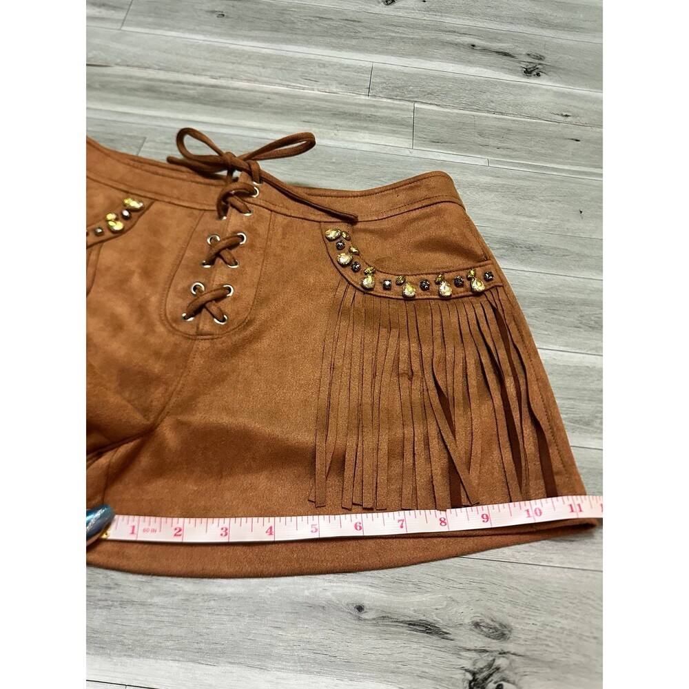 Steve Madden Brown Fringe Suede-Look Lace-Up Shorts S - Picture 10 of 11